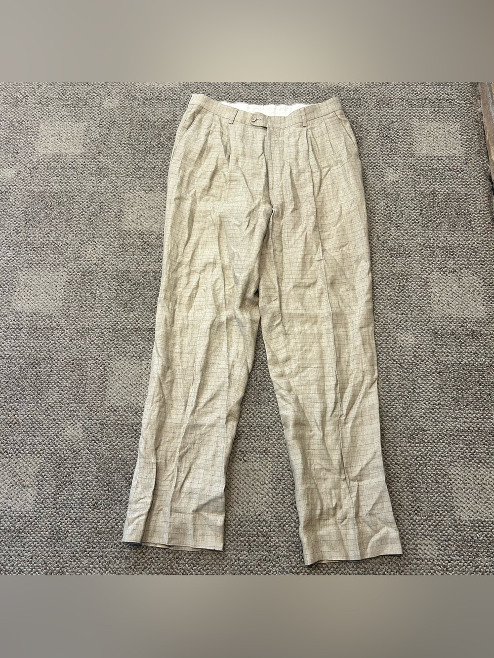 Linea Naturale 34x34 Tan Plaid Windowpane 100% Linen Pleated Pants Made in Italy